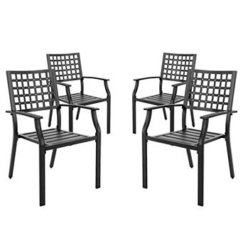 Outdoor 4 pc Dining Chair Set, Stackable Design, Powder-coated Iron Frame, Black