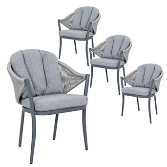 Outdoor 4 pc Woven Rope Conversation Chair Set with Seat and Back Cushions, Aluminum, Gray