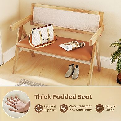 Rubber Wood Dining Bench with Upholstered Backrest and Padded Seat