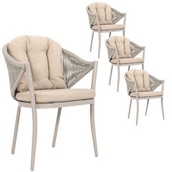 Outdoor 4 pc Woven Rope Conversation Chairs with Seat and Back Cushions, Aluminum, Olefin, Beige