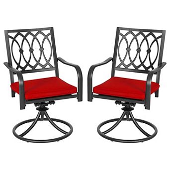 2 pc Iron Swivel Chairs with Curved Armrests and Red Removable Cushions, Black