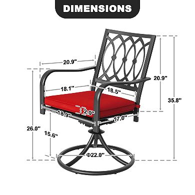 Outdoor 2-Piece Iron Swivel Dining Chairs with Curved Armrests and Red Removable Cushions, Black