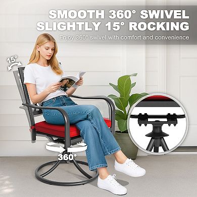 Outdoor 2-Piece Iron Swivel Dining Chairs with Curved Armrests and Red Removable Cushions, Black
