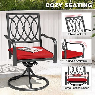 Outdoor 2-Piece Iron Swivel Dining Chairs with Curved Armrests and Red Removable Cushions, Black