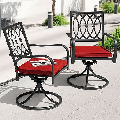 Outdoor 2-Piece Iron Swivel Dining Chairs with Curved Armrests and Red Removable Cushions, Black