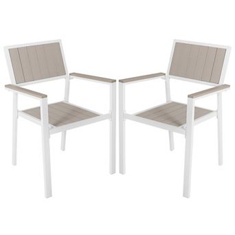 Patio Stackable Dining Chairs Set of 2, Iron frame and Weather-Resistant Faux Wood, Light Brown