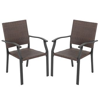 Patio 2 pc Outdoor Dining Chairs, Durable Iron Frame, All-Weather Wicker, Black