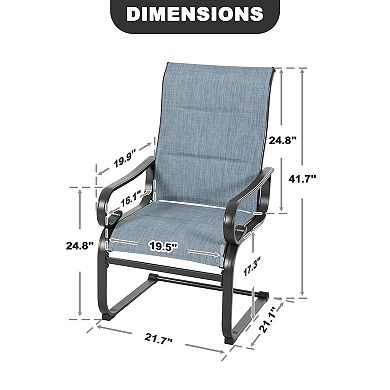 Patio Metal C-Spring Dining Chairs Set of 2 with Curved Armrests, Padded Textilene, Blue and Black