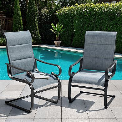 Patio Metal C-Spring Dining Chairs Set of 2 with Curved Armrests, Padded Textilene, Blue and Black
