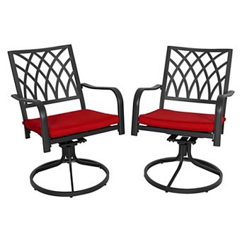 2 pc Patio Dining Chairs with Red Cushions, Outdoor Metal Swivel Chairs, Black