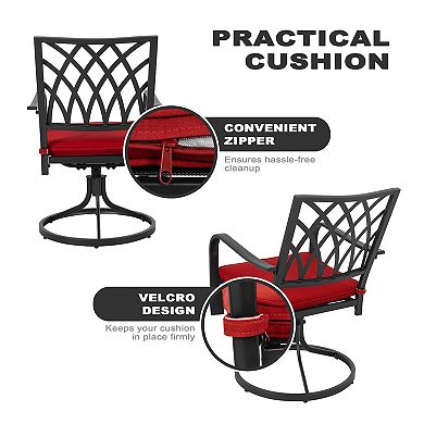 2-Piece Metal Patio Dining Chairs with Red Cushions, Outdoor Swivel Chairs, Black