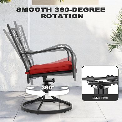 2-Piece Metal Patio Dining Chairs with Red Cushions, Outdoor Swivel Chairs, Black