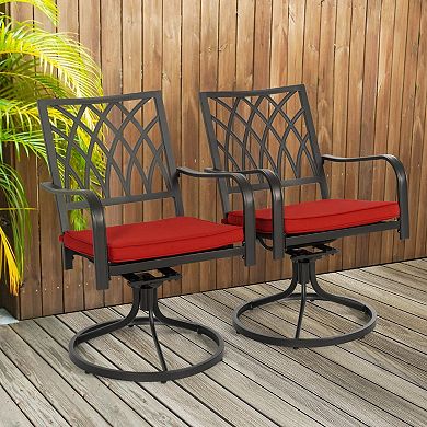 2-Piece Metal Patio Dining Chairs with Red Cushions, Outdoor Swivel Chairs, Black