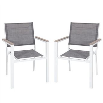 Outdoor 2 pc Dining Chairs with Textilene Fabric and Anti-Scald Faux Wood Armrests, Gray