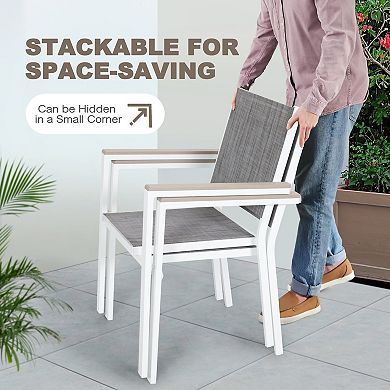 Patio 2-Piece Dining Chairs, Outdoor Textilene Stackable Chairs, Anti-Scald Faux Wood Armrests, Gray