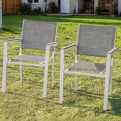 Patio 2-Piece Dining Chairs, Outdoor Textilene Stackable Chairs, Anti-Scald Faux Wood Armrests, Gray