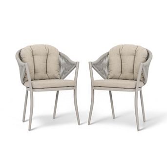Outdoor 2 pc Woven Rope Conversation Chairs with Seat and Back Cushions, Aluminum, Olefin, Beige