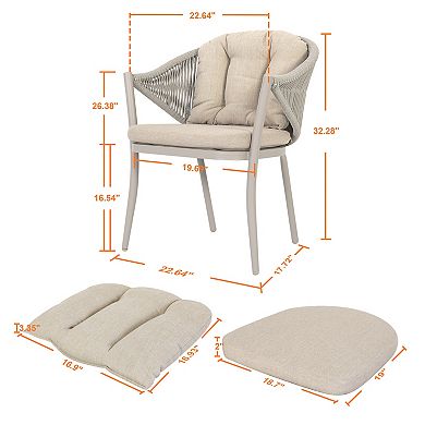 Outdoor 2-Piece Aluminum Woven Rope Conversation Chairs with Seat and Back Cushions, Olefin, Beige