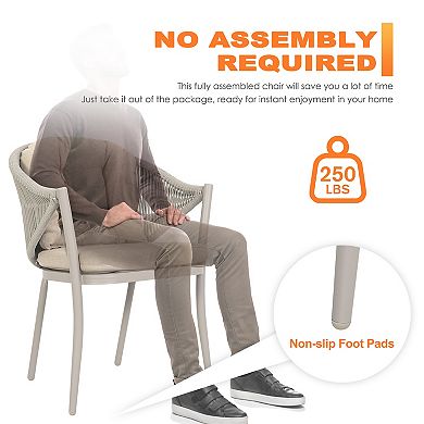 Outdoor 2-Piece Aluminum Woven Rope Conversation Chairs with Seat and Back Cushions, Olefin, Beige