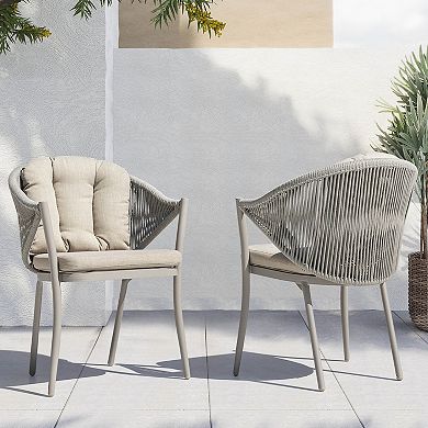 Outdoor 2-Piece Aluminum Woven Rope Conversation Chairs with Seat and Back Cushions, Olefin, Beige