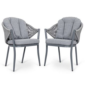 Outdoor 2 pc Woven Rope Conversation Chair Set with Seat and Back Cushions, Aluminum, Gray