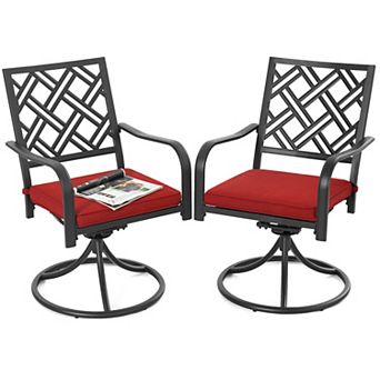 2 pc Iron Swivel Dining Chairs, Outdoor Patio Chairs with Red Cushions, Black