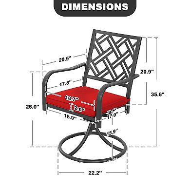 Outdoor 2-Piece Iron Swivel Dining Chairs, 360-Degree Rotation and Red Cushions, Black
