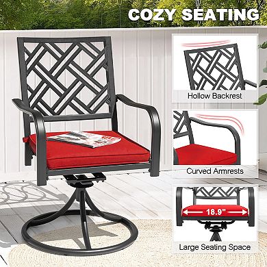 Outdoor 2-Piece Iron Swivel Dining Chairs, 360-Degree Rotation and Red Cushions, Black