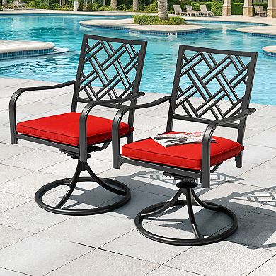 Outdoor 2-Piece Iron Swivel Dining Chairs, 360-Degree Rotation and Red Cushions, Black