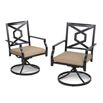 Outdoor Iron Swivel Chair Set of 2 with Padded Cushions, Black and Beige