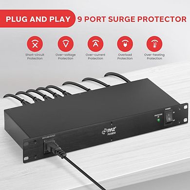Pyle PCO850 15 Amp Rack-Mountable PDU Power Strip Surge Protector with 9 Outlets