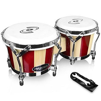 Pyle 6.5'' & 7.5'' Hand-Crafted Wooden Bongo Drums with Chrome-Plated Hardware PBND10