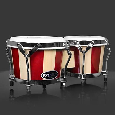 Pyle 6.5'' & 7.5'' Hand-Crafted Wooden Bongo Drums with Chrome-Plated Hardware PBND10