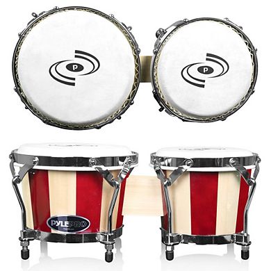 Pyle 6.5'' & 7.5'' Hand-Crafted Wooden Bongo Drums with Chrome-Plated Hardware PBND10
