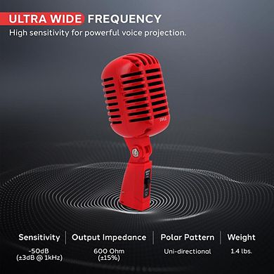 Pyle Classic Retro Dynamic Vocal Microphone with 16' XLR Cable (PDMICR42) - Red