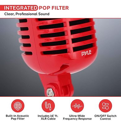 Pyle Classic Retro Dynamic Vocal Microphone with 16' XLR Cable (PDMICR42) - Red