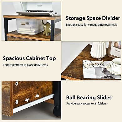2 Drawer Mobile File Cabinet Printer Stand with Open Shelf for Letter Size-Rustic Brown