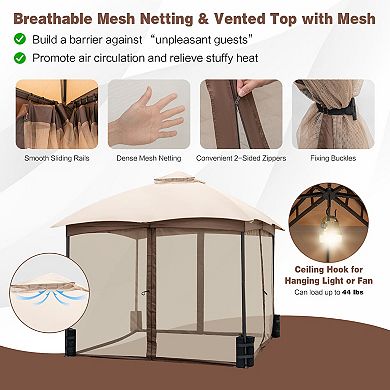 10 X 10 Feet Patio Double-Vent Gazebo with Privacy Netting and 4 Sandbags