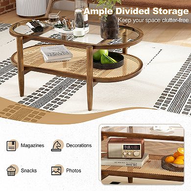 2-Tier Coffee Table with Tempered Glass Tabletop and Acacia Wood Frame