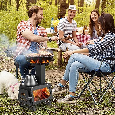 Portable Wood Burning Stove Camping Fire Pit Heater with 2 Cooking