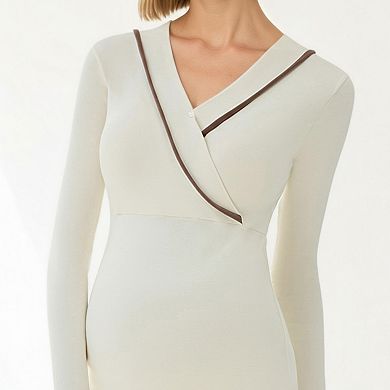 Women's Long Sleeve Wrap Front Maternity Top with Contrast Trim and Fitted Silhouette
