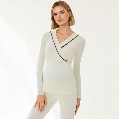 Women's Long Sleeve Wrap Front Maternity Top with Contrast Trim and Fitted Silhouette