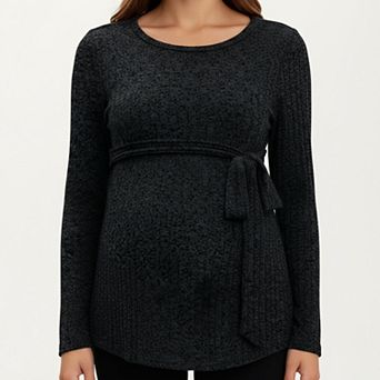 Women's Long Sleeve Maternity Top with Textured Knit Fabric and Side Bow Detail
