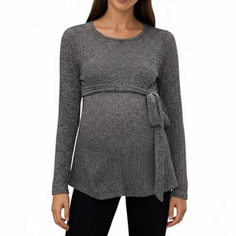 Women's Long Sleeve Maternity Top with Textured Knit Fabric and Side Bow Detail