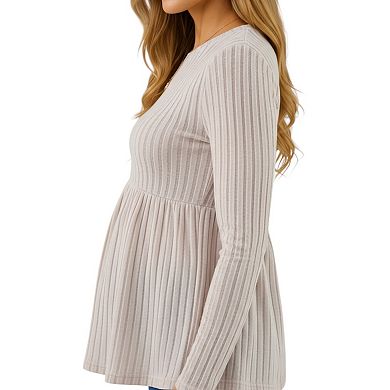 Women's Long Sleeve Ribbed Knit Maternity Top with Empire Waist and Pleated Hem