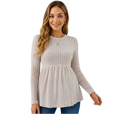 Women's Long Sleeve Ribbed Knit Maternity Top with Empire Waist and Pleated Hem