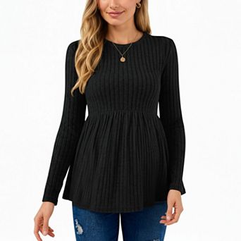 Women's Long Sleeve Ribbed Knit Maternity Top with Empire Waist and Pleated Hem