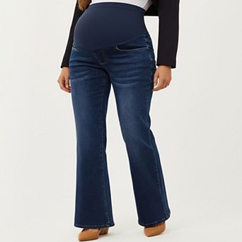 Women's Maternity Flare Jeans with Full Over Belly Panel and Classic Denim Wash