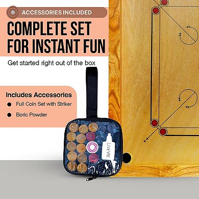 Carrom Board 32"x32" with coins, striker, bori powder; mango wood frame, smooth surface.