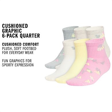 Girls adidas Cushioned Graphic 6-Pack Quarter Socks
